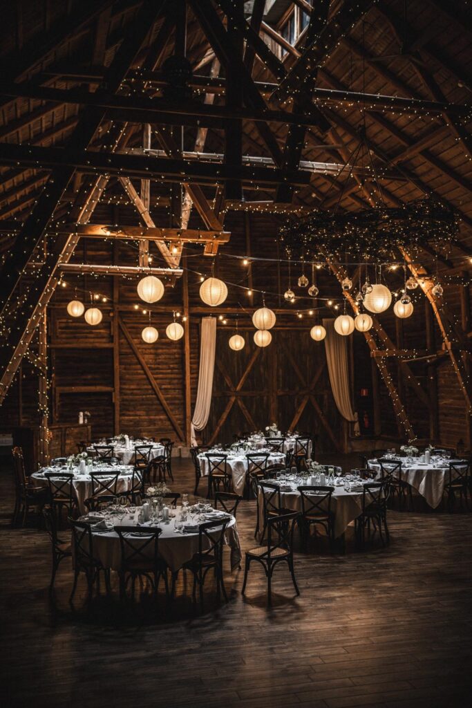 MSH03333 An event venue with set tables and string lights