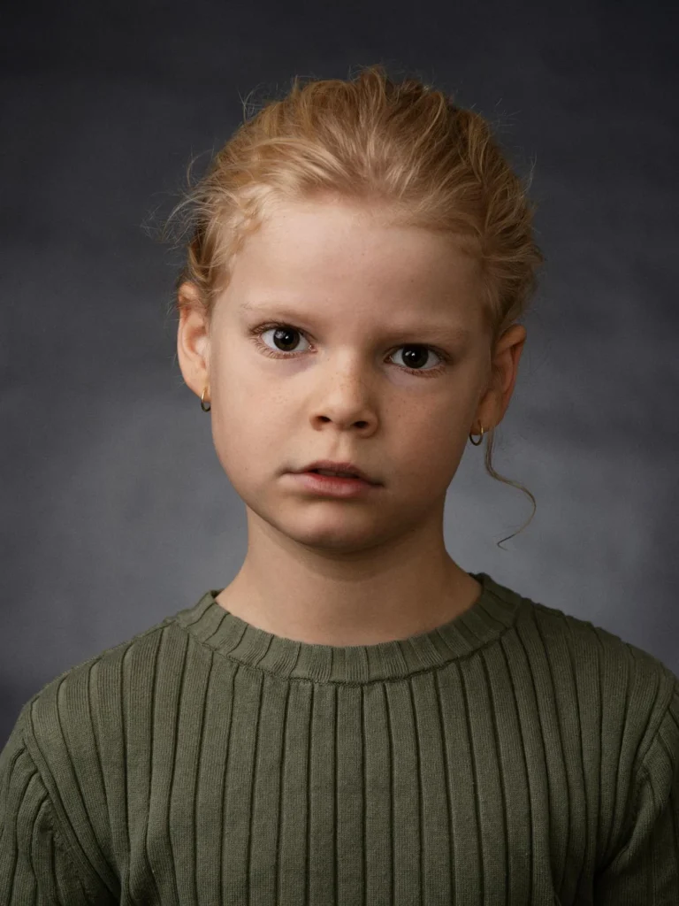 Child portrait in a green top against a dark background Child portrait in a green top against a dark background